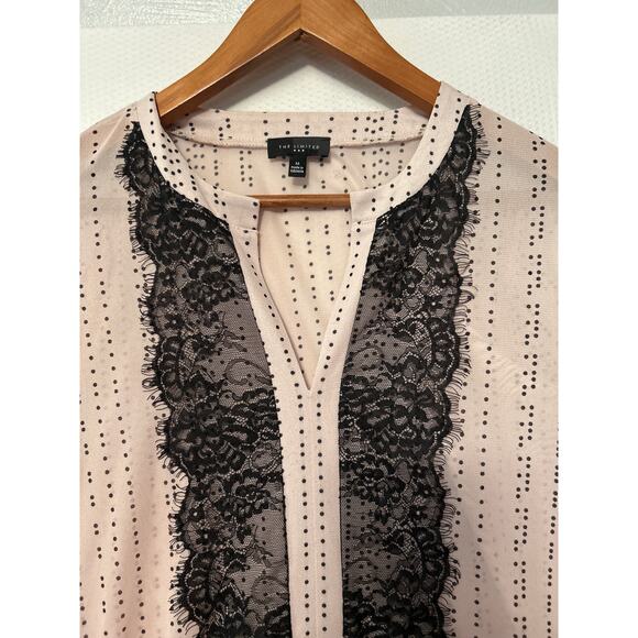 The Limited Women's Light Pink Black Micro Dot Blouse Lace Sheer V-Neck Medium - Picture 2 of 11